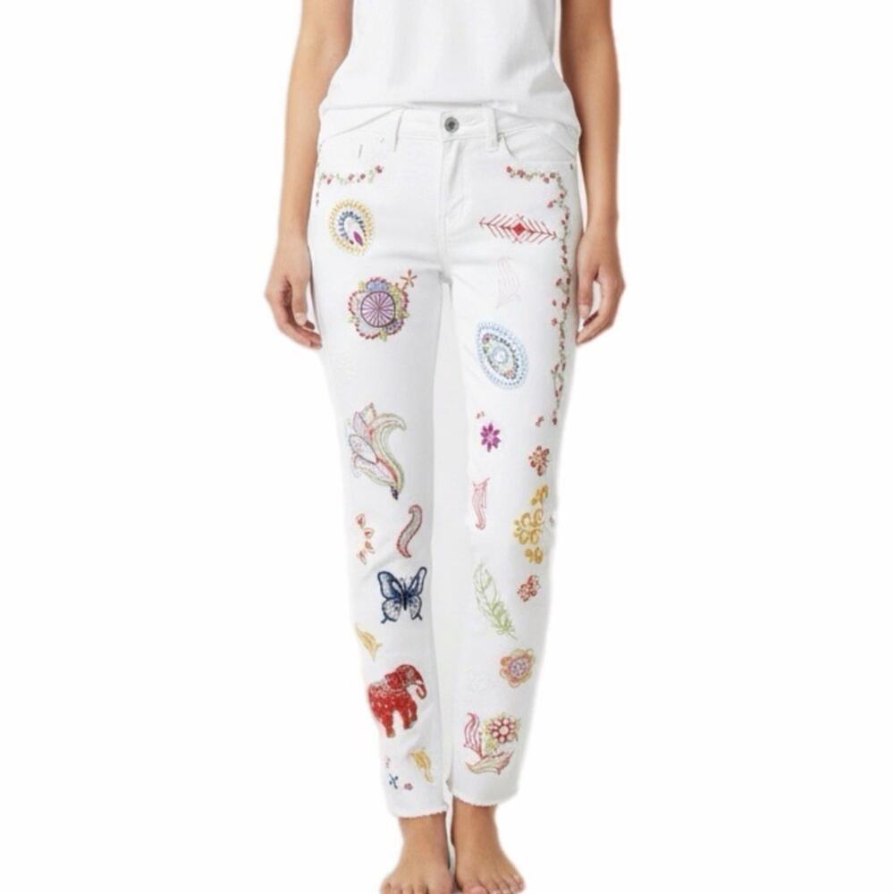 Rocks & Indigo Women's Embroidered Skinny Jeans 2/25 White Denim Raw Hem Stretch